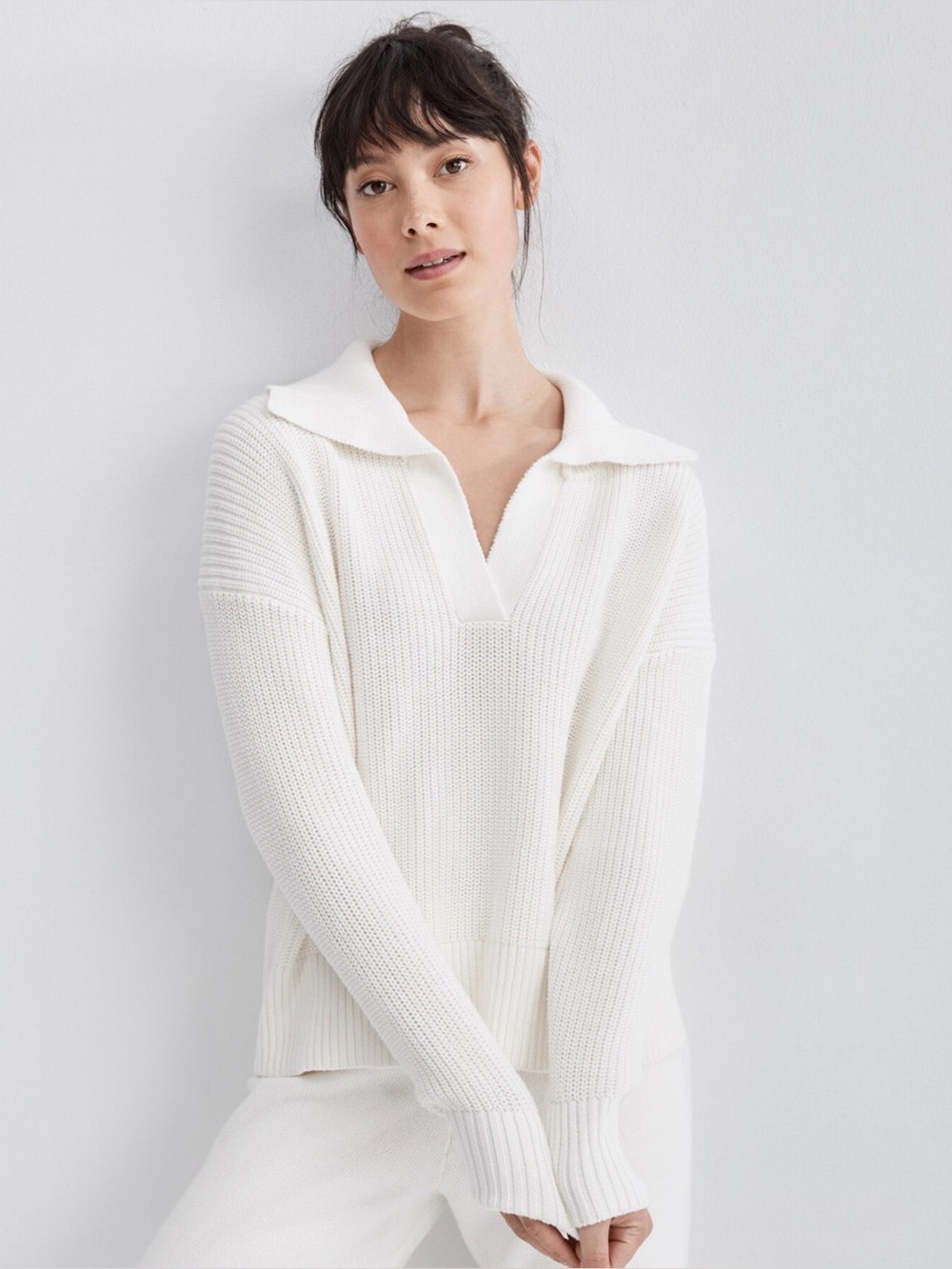 Haven Well Within Women’s Medium Ivory Cotton Collared Pullover Sweater